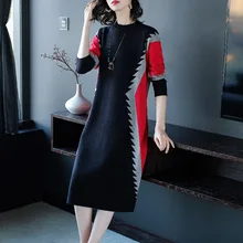 Модное женское платье-свитер, осень и зима, стиль, свободный крой, средней длины, выше колена, контрастный цвет, трикотажное платье средней длины