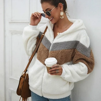 

Womens Winter Thicken Plush Sweatshirt Zip Up Hooded Jacket Contrast Color Stripes Oversized Loose Coat Tops with Pockets