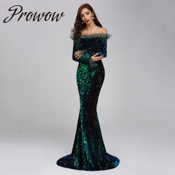 

Prowow 2020 New Women Dress Black Dark Green Sequined Long Sleeve Celebrity Evening Party Long Dress