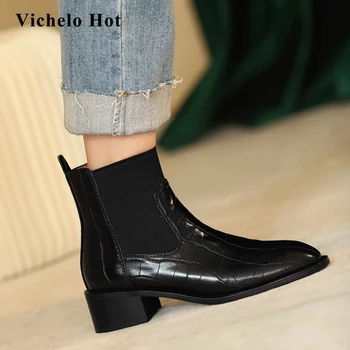 

Vichelo Hot stretch boots microfiber stone pattern round toe thick med heel slip on convenient gladiator maiden ankle boots L1f1