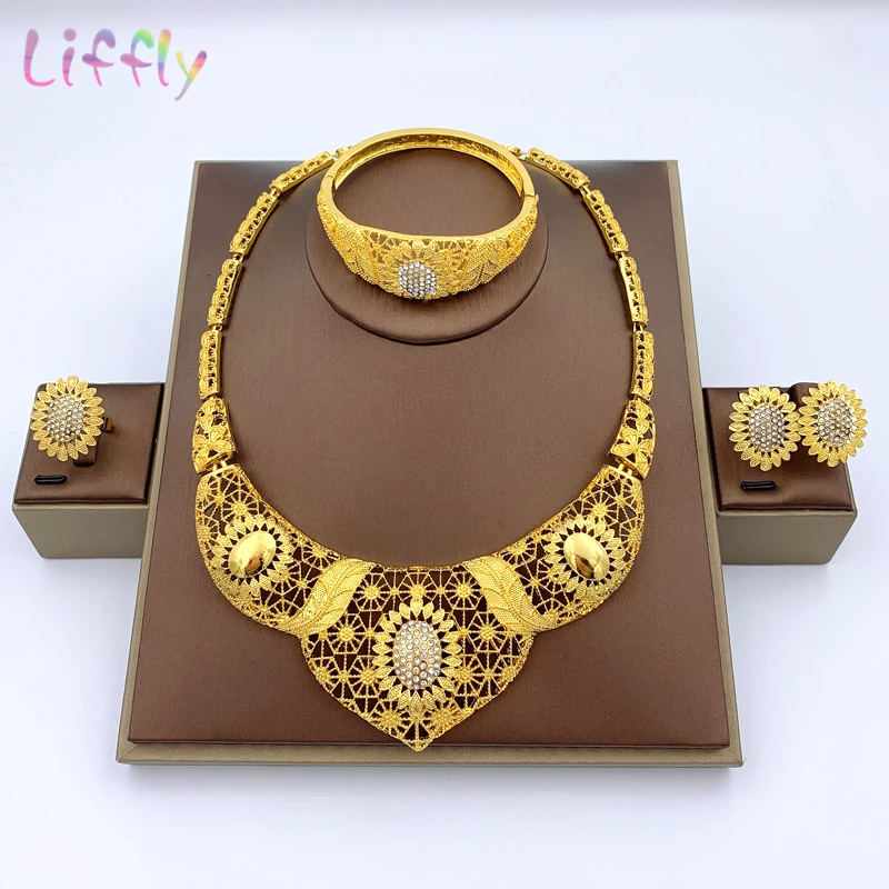 Liffly, модные золотые женские ювелирные наборы, большое ожерелье, кольцо, нигерийский Свадебный вечерний роскошный Африканский комплект ювелирных изделий