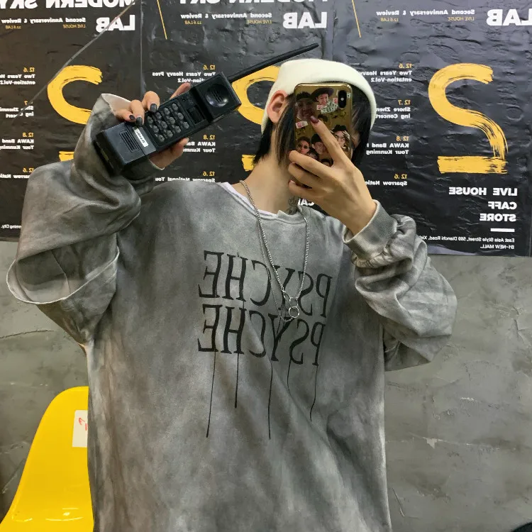Harajuku старинная буква печати с длинным рукавом o-образным вырезом Серый галстук-краситель Повседневная футболка лето Готический хип хоп футболки для пары плюс размер тройник