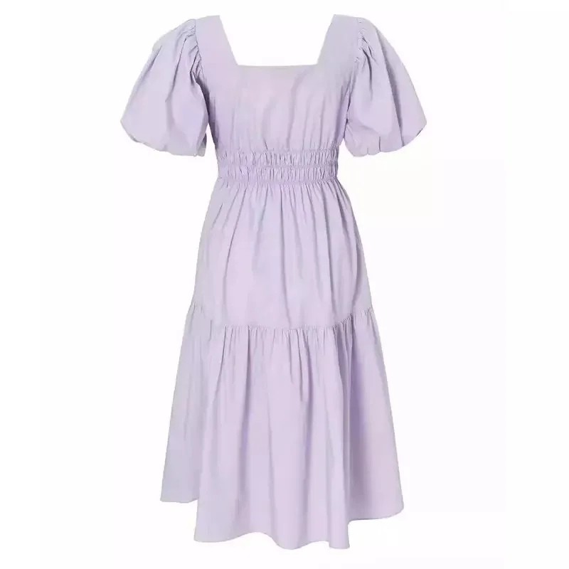 

CAWA Women 2020 Fashion Pleated Midi Dress Vintage Square Collar Puff Sleeve Solid Casual Slim Female Elastic High Waist Dress