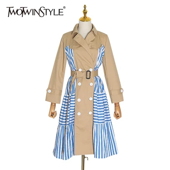 

TWOTWINSTYLE Stripe Plaid Hit Color Windbreaker For Women Notched Long Sleeve High Waist Sashes Female 2020 Spring Fashion New