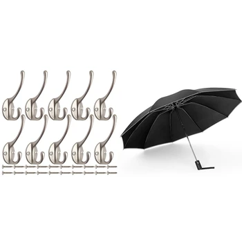 

10 Pack Heavy Duty Dual Coat Hooks Wall Mounted with 20 Screws with Men Folding Reverse Umbrella