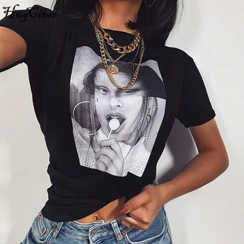 

Hugcitar 2020 cotton print short sleeve T-shirts summer women streetwear outfits female tops
