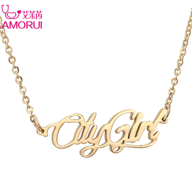 

AMORUI City Girl Letter Pendant Stainless Steel Choker Chain Necklace Women Jewelry Party Gift Necklaces & Pendants