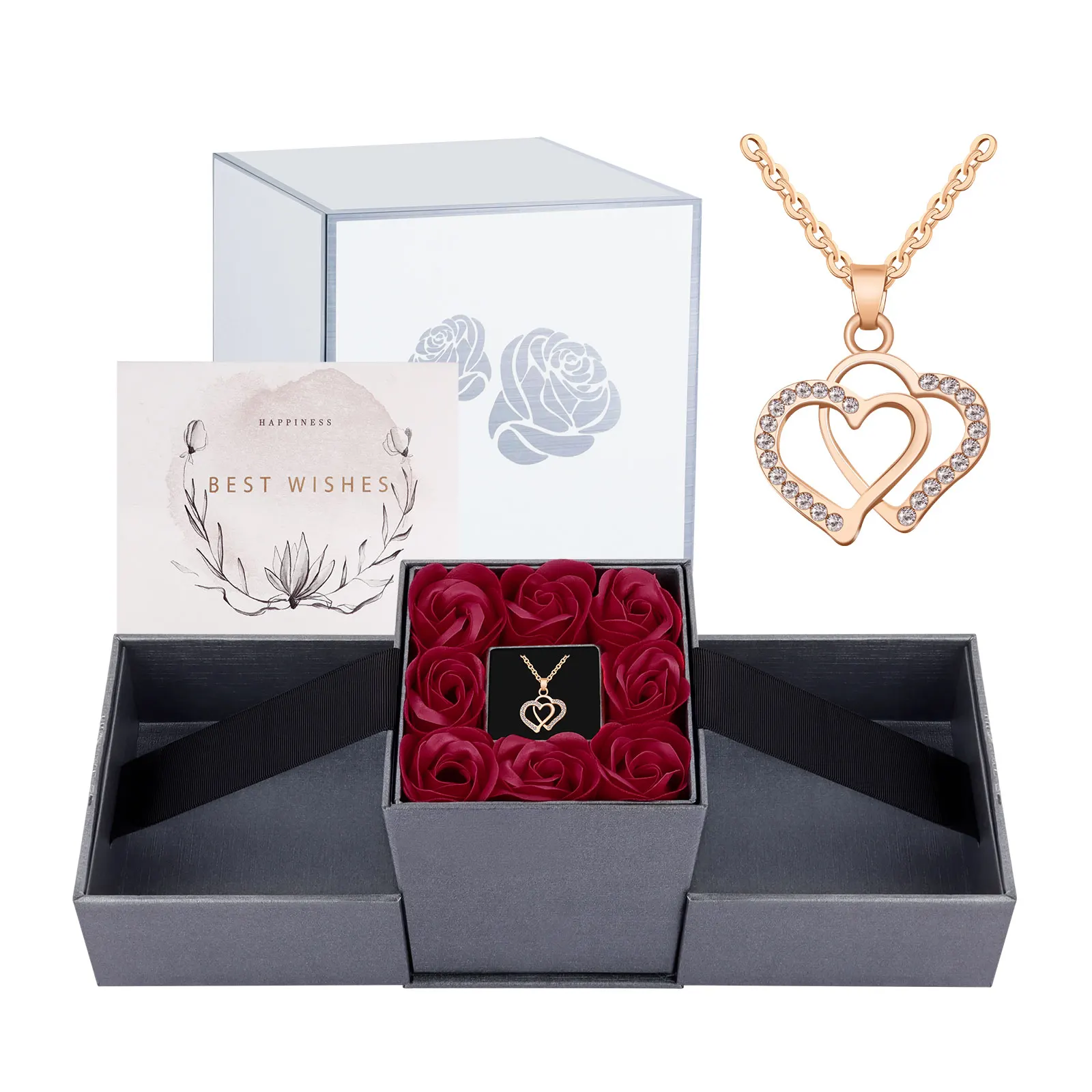 Eeuwige Rose Bloem Stijgende Sieraden Geschenkdoos Met Ketting Wenskaart Kerst Valentijn Cadeau Voor Vrouw Mom Meisjes Vrouwen