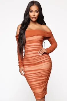 

2020 Solid Color Sexy Boat Neck Long Sleeve Cocktail Dress Knee Length Fold Cocktail Party Dress Vestido Cocktail Elegante