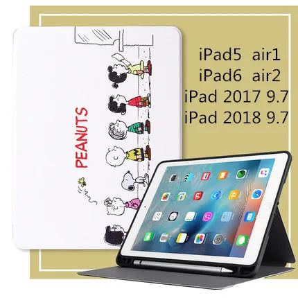 Case for iPad 5th 6th Generation 9.7 inch Silicone Soft Back Air1 2 Pu Leather Smart Case with pen slot - Color: Snoopy line up