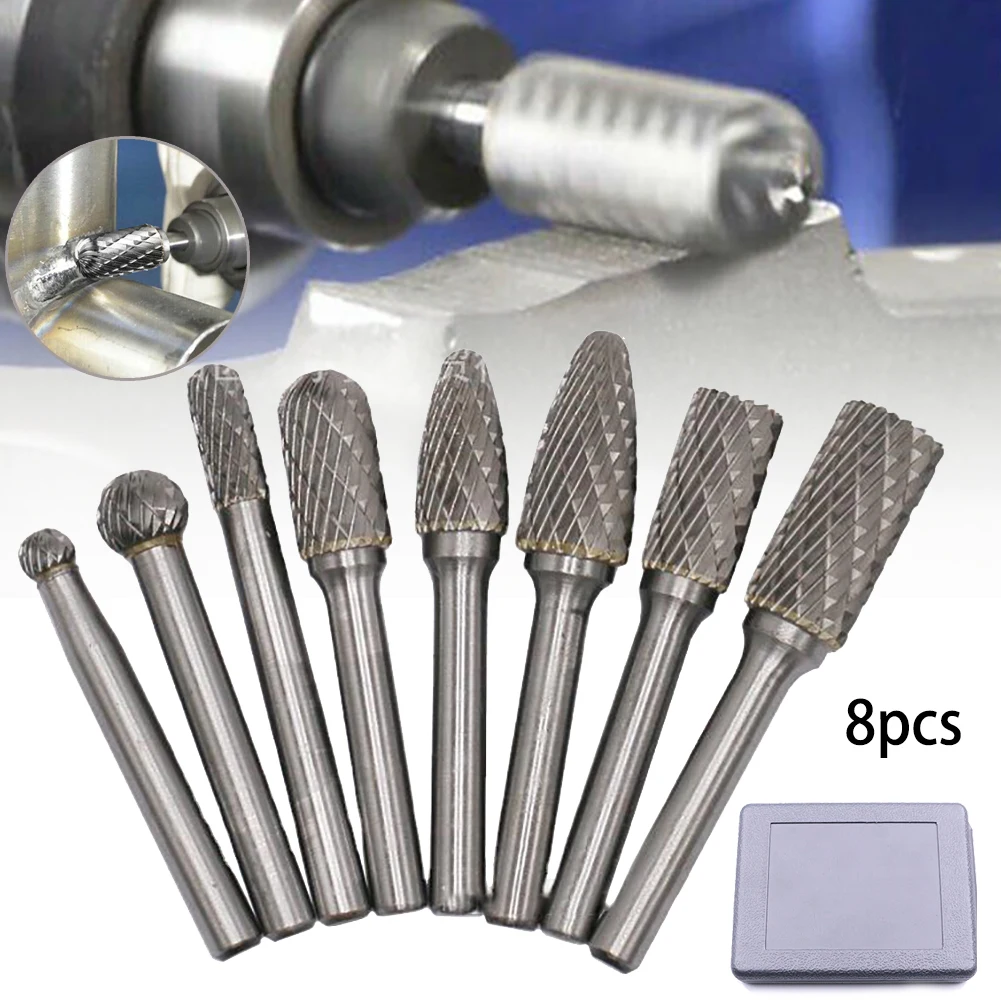 

8PCS Tungsten Carbide Die Grinder Handle Set Burrs Rotary Set Head 1/4 Shank Die Grinder Shank Bit Carbide Tungsten Steel