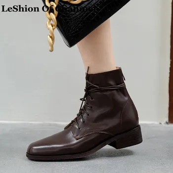 

Natural Leather Boots for Women Lace up High Top Derby Shoes Woman Motorcycle Boots Cow Leather Shoes Winter Ankle Booties 33-40