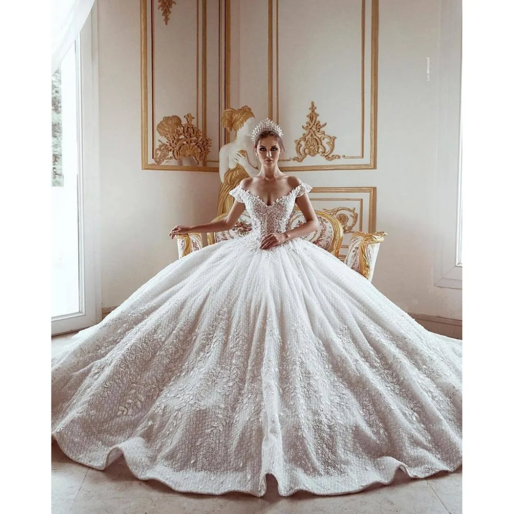 Дубай Свадебные платья бальное платье vestidos De Noiva Аппликация свадебное платье V шеи Длинные свадебные платья с открытыми плечами