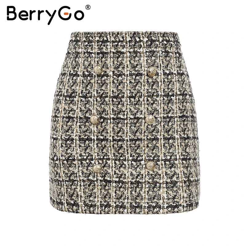 pattern1 khaki BerryGo двубортная твидовая клетчатая мини-юбка женская винтажная Осенняя зимняя женская юбка элегантная прямая Офисная Женская короткая юбка - Цвет: pattern1 khaki