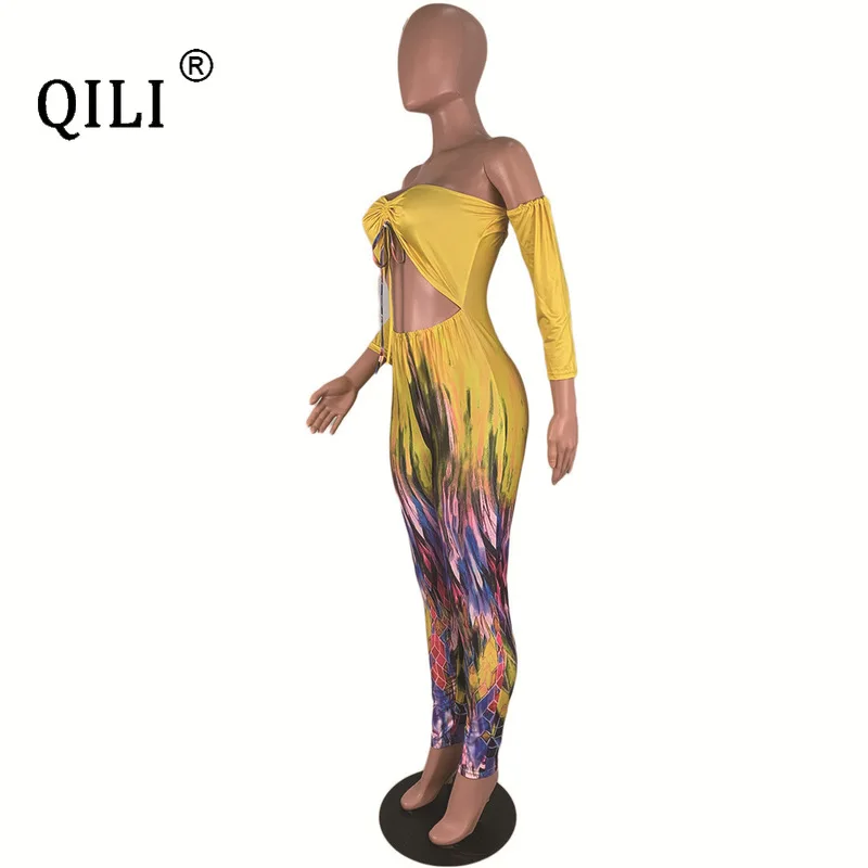 QILI Women Off The Shoulder Sexy Jumpsuits Slash Neck Long Sleeve Hollow Out Drawsthing Bodycon Jumpsuit Club Rompers Plus Size