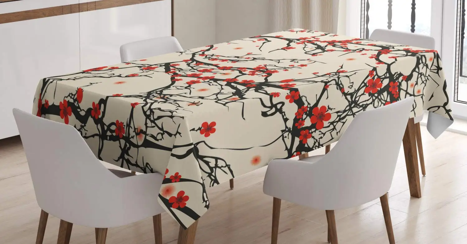 

Japanese Tablecloth Asian Nature Cherry Blossom Sakura Branch Flowers Art Print Dining Room Kitchen Rectangular Table Cover