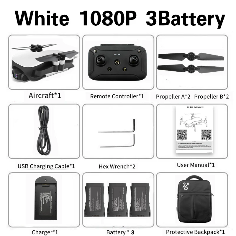 JJRIC Новое поступление X12 Квадрокоптер gps Дрон с 4K HD камерой 5G wifi FPV Бесщеточный мотор анти-встряхивание длительный срок службы батареи - Цвет: White 1080P 3B