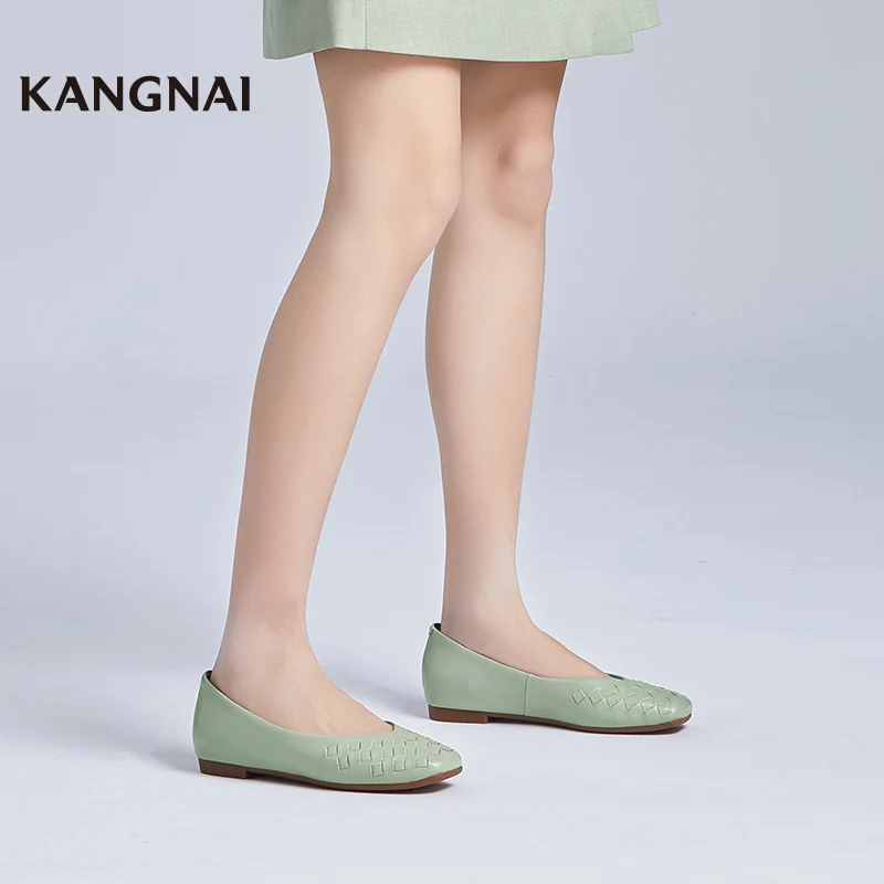 KANGNAI Women Shoes Genuine Leather Fashion Comfortable Square Toe Shallow Flats
