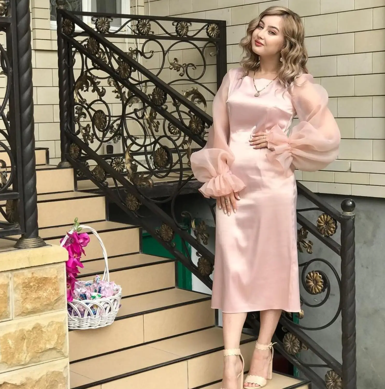 

Elegant Long Sleeve Dubai Evening Dress Square Neck Tea Length Plus Size Formal Women Prom Dresses Long Vestido Party Gala Gowns