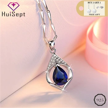 HuiSept Trendy Silver 925 Jewelry Necklace Water Drop Shape Sapphire Zircon Gemstone Pendant Ornaments for Female Wedding Party
