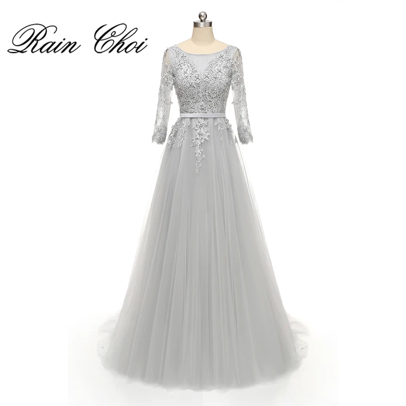 

3/4 Sleeves Appliques A line Formal Prom Gown Women Long Evening Dresses 2019