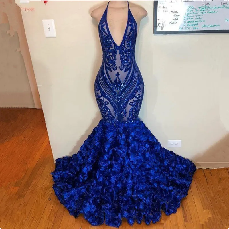 

Gorgeous Ruffle Train Lace Mermaid Prom Dresses 2020 Sparkly Sequins Deep V Neck Prom Evening Gowns Robe De Soiree