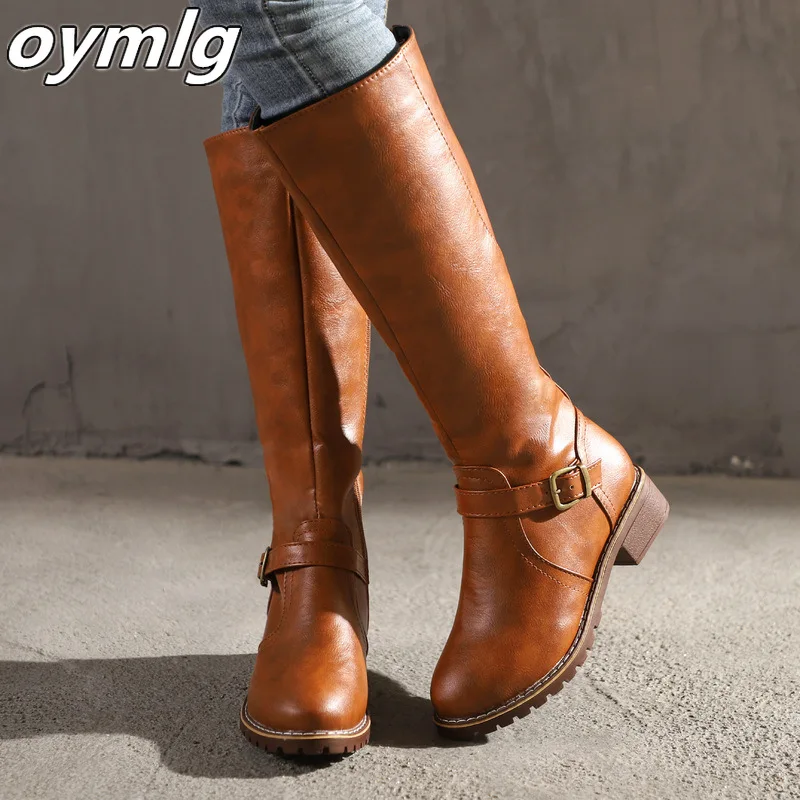 Botas altas hasta el muslo para mujer, zapatos de cuero Vintage con tacón cuadrado y cremallera, altura hasta la rodilla, botas con hebilla, zapatos de punta redonda de estilo británico