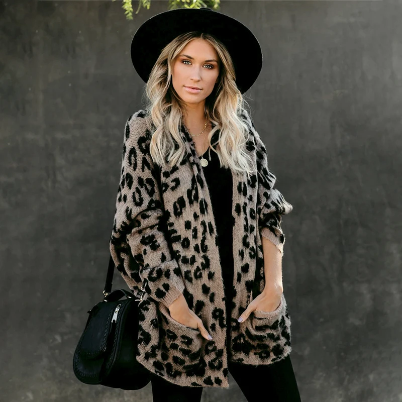 

Fitshinling Pockets Leopard Winter Coat Long Cardigan Knitwear Boho Holiday Slim Knitted Cardigans Woman Clothing Sweaters 2020