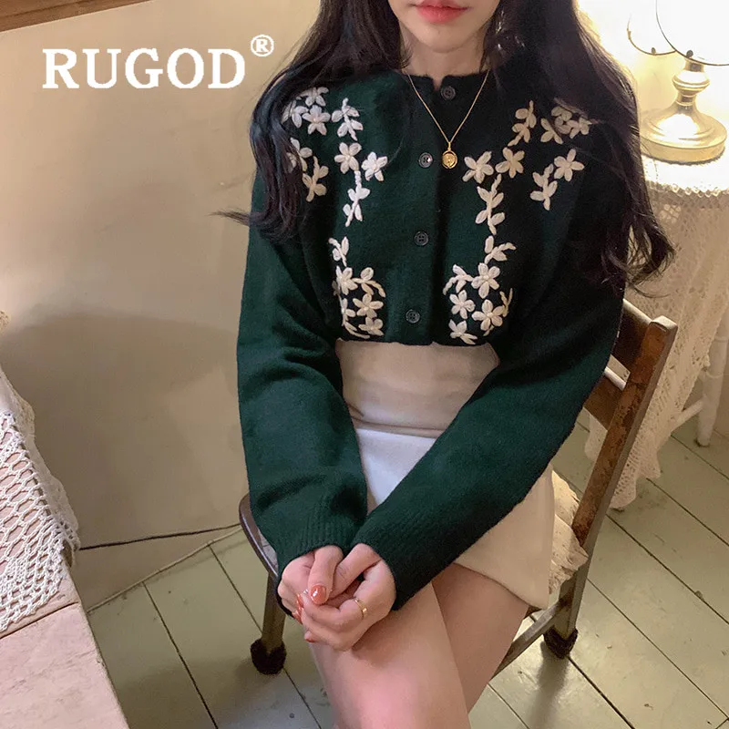 RUGOD вязаный кардиган с вышивкой, свободный свитер, женские свитера, зима, топы для женщин, трикотаж, Модный повседневный укороченный топ