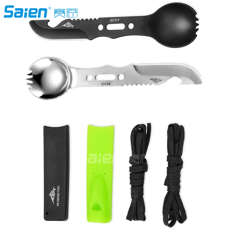 

7 in 1 Outdoor Tableware Camping Cutlery Fork Spoon Knife Bottle Opener Whistle Portable Multi-function Picnic Survival Tools