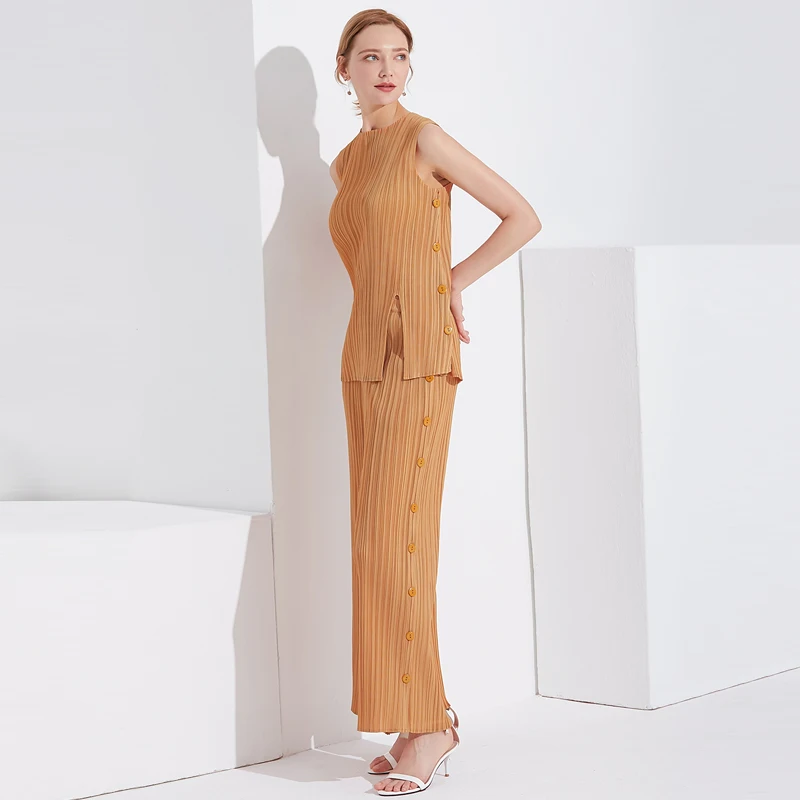 Новейший Летний женский повседневный костюм Miyake с круглым вырезом без рукавов жилет футболка со складками топ широкие брюки 5059