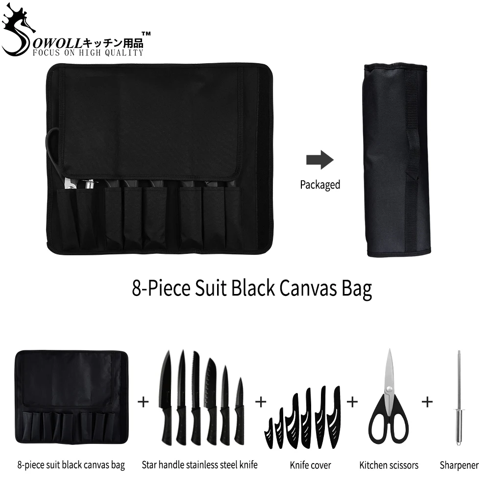 A.9pcs set SOWOLL набор ножей из нержавеющей стали, набор ножей шеф-повара, 6 ножей, бонусные кухонные ножницы, точилка, барный рулон, сумка, оболочка, чехлы, инструменты - Цвет: A.9pcs set