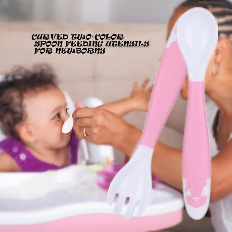 Двухцветная тренировочная ложка для детского питания, безопасная пищевая ложка на 360 градусов, вилка для ребенка, товары для матери и ребенка