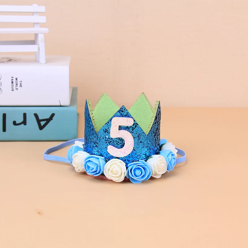 Blue 5 age Baby Girl Boy One 1 2 3 4 5 6 7 8 9 years old hat crown headbands decoration For children birthday party decorations - Цвет: Blue 5 age