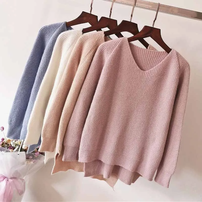 

Women Autumn Winter V Neck Long Sleeve Knitted Sweaters Pullovers Casual Solid Color Femme Loose Slit Hem Warm Student Slim Tops