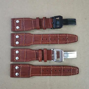 

Watch parts Width 24mm brown Genuine leather Double rivet Pilot strap watch band Stainless steel Folding buckle G073