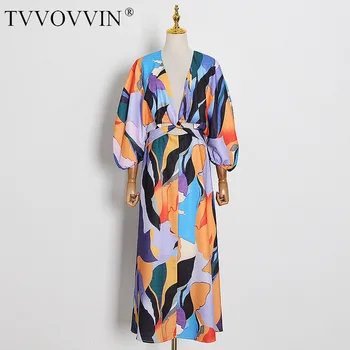 

TVVOVVIN 2020 New Fashion V-neck Dress Patchwork Puff Sleeve Printed Ruffles Sexy High Waist Hollow Loose Casual B398