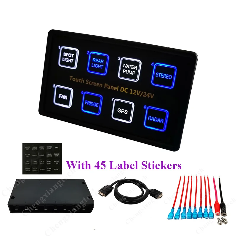 Universal 12V/24V 8 Gang Blue Led Capacitive Sense Touch Screen Switch Panel Box for Car Marine Boat Caravan Household +45Lables |