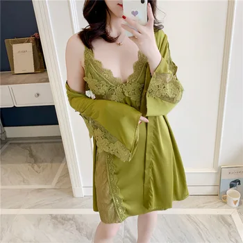 

Women Silk Robe Gown Set Sexy 2 Pieces Lounge Set Satin Sleepwear Robe Ladies Nightwear Solid Nightdress with Chest Pads
