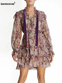 

Free Shipping Contrasting Color Lace Bowknot Frills Multi-level Retro Print Loose Dress Ladies' Autumn New Personality