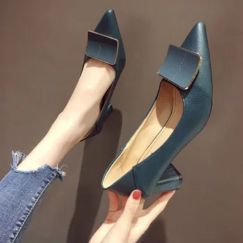 

SLHJC Women High Heels Shoes Spring New Stylish Leather Pumps Office Lady Work Shoes 6 cm Shallow Mouth With Square Buckle