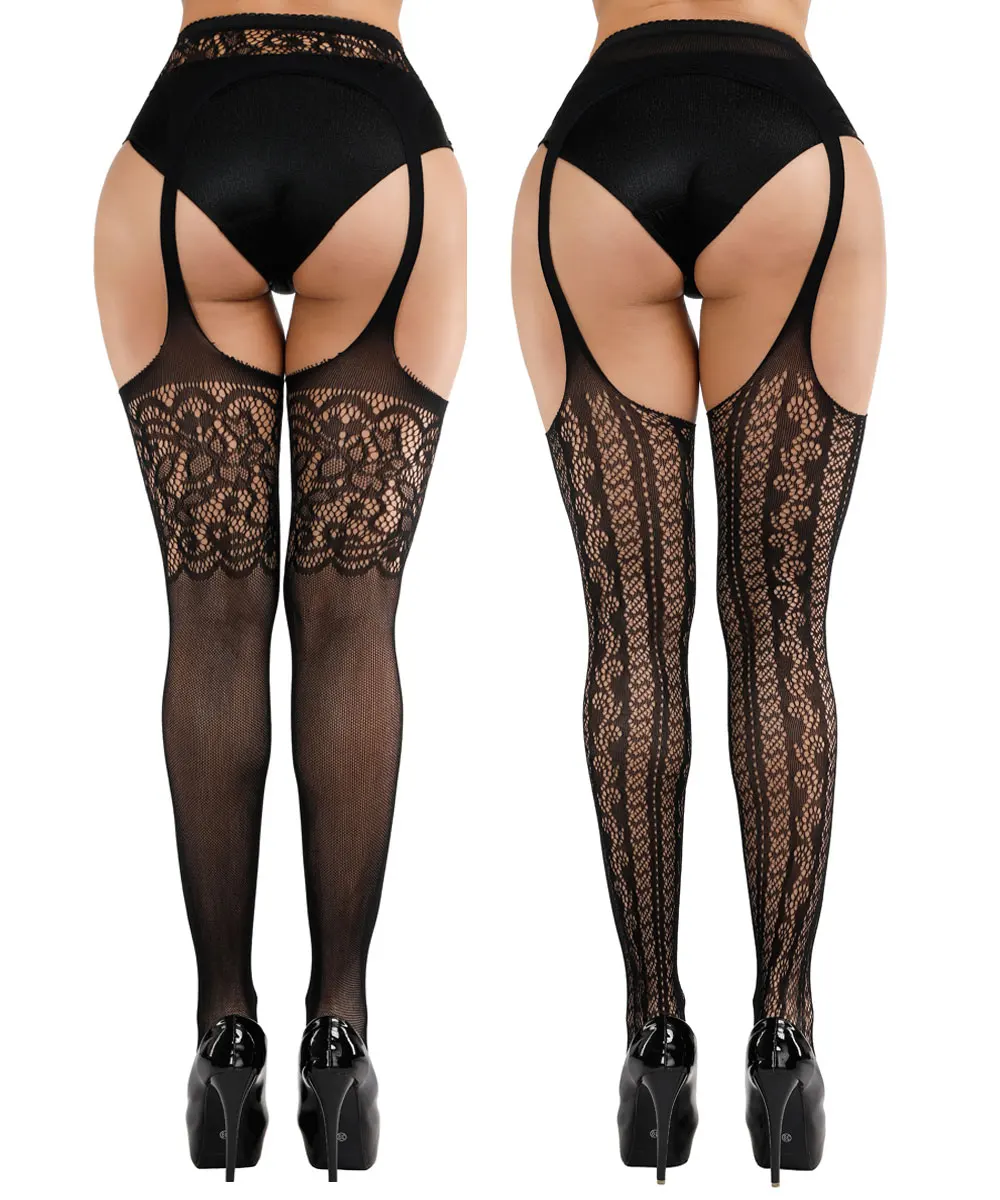Buitifo Womens Fishnet Tights Suspender Pantyhose Thigh-High Stockings Black