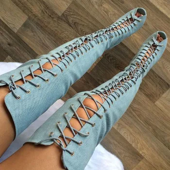 

Hot Sexy Denim Cloth Peep Toe Thigh High Boots Thin High Heel Adjustable Lace Up Cowboy Over Knee Long Botines Shoes Big Size 45
