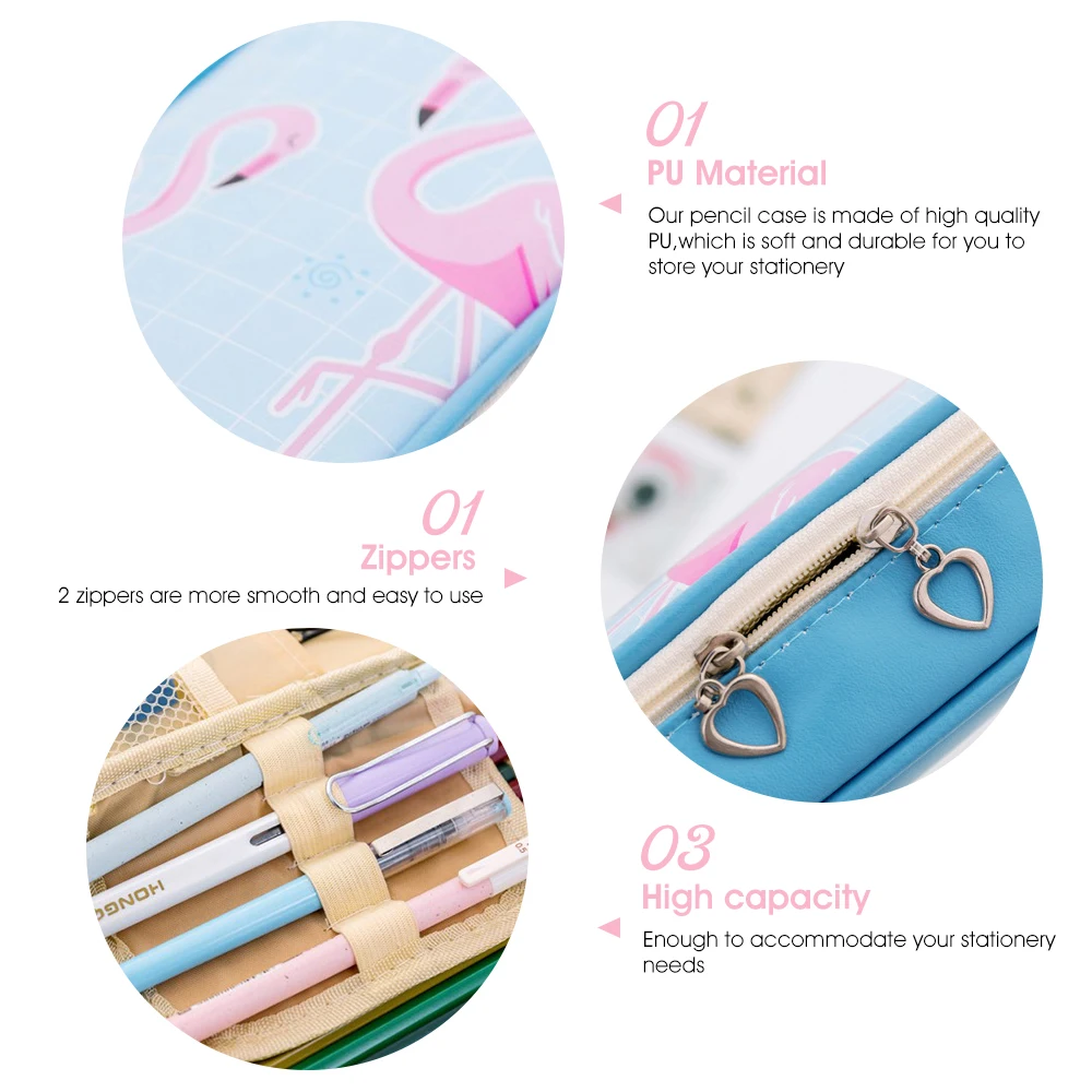 Large Zipper Fresh Lovely Flamingo Pencil Bags Multi-Function Stationery Bag Holder School Supplies For Boys Girls 21x10x5cm