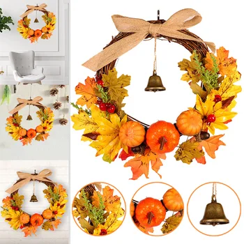 

Autumn Leaf Pumpkin Wreath with Bell Thanksgiving Halloween Front Door Home Decor _WK