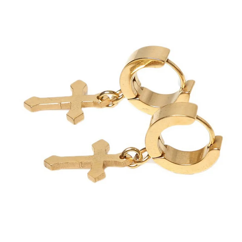 gold Новые женские мужские серьги из нержавеющей стали черные/серебристый крестик готический панк-рок стиль Pendientes Mujer Moda - Окраска металла: gold