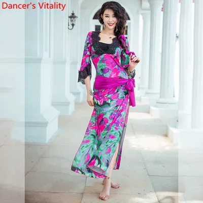 3pcs set as Photo Женская одежда для танца живота, тренировочная одежда, осенний сплайсинговый халат, пояс для оголовья, комплект из 3 предметов, восточный индийский танцевальный костюм для выступлений - Цвет: 3pcs set as Photo