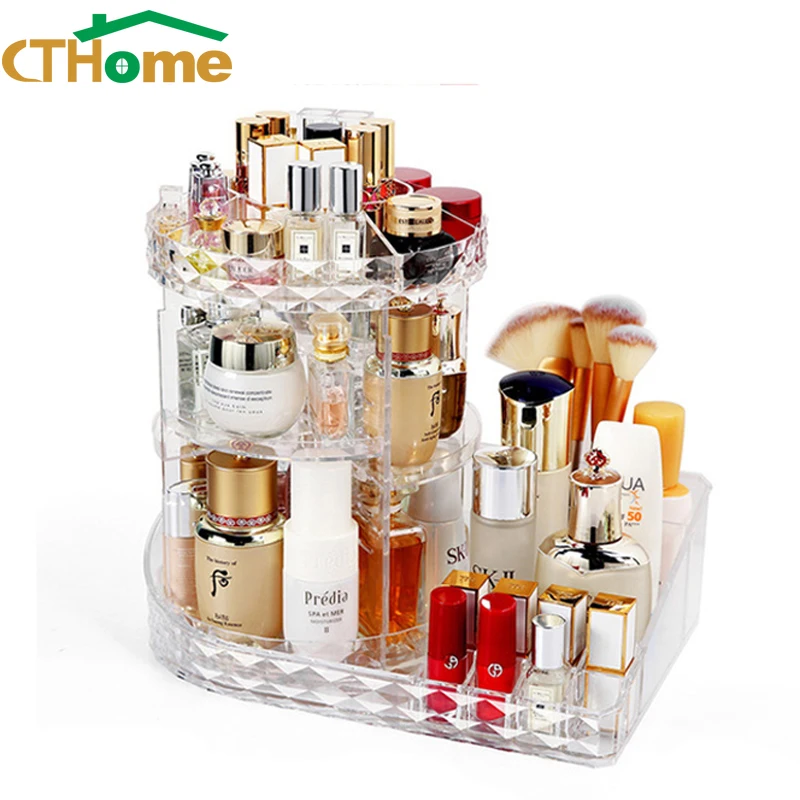 

360 Degree Rotating Cosmetic Storage Box Cosmetics Storage Rack Fashion Crystal Storage Shelf Display Stand Large Capacity Mute