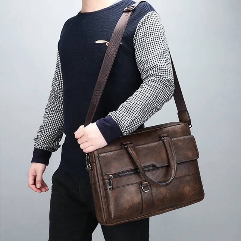 SHUJIN Ретро мужской портфель из искусственной кожи черного цвета, деловые мужские сумки, Мужская винтажная сумка через плечо, Мужская большая сумка для ноутбука