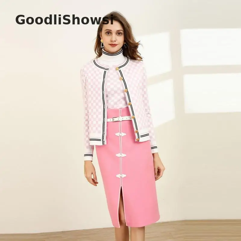 GoodliShowsi Новое поступление милые женские комплекты из 3 предметов водолазка без рукавов Топ+ клетчатые кардиганы вязаные+ шерстяные юбки костюмы Co-ords